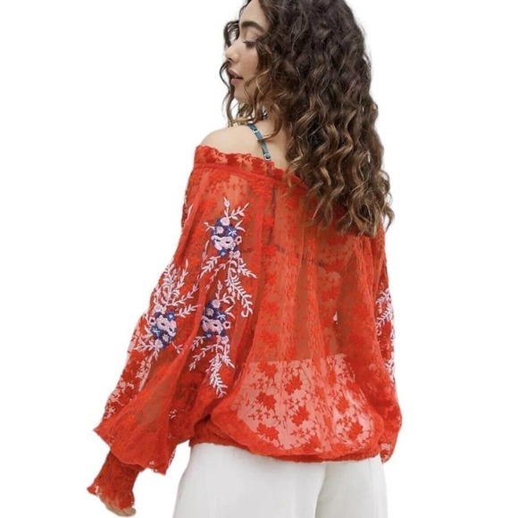 Free People Jubilee Red Embroidered Floral Mesh Oversized Top Womens Size XS - Picture 8 of 16